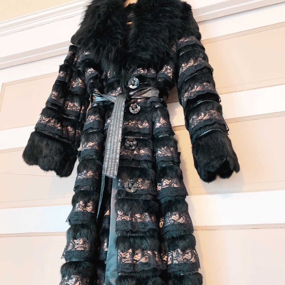 HP Dana Stein full length rabbit fur and lace coat